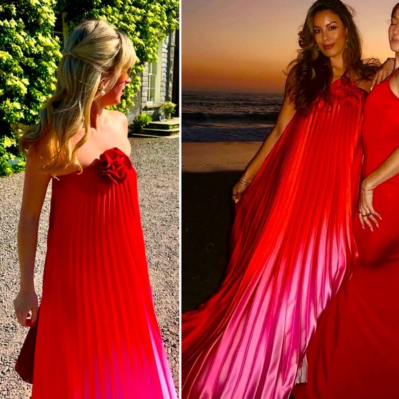 Delfi Collective Kimberly Ombre Pleated Rosette Strapless Dress Red Pink Medium - Picture 2 of 16